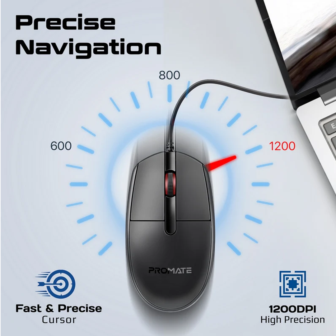 Promate 1200DPI Wired Optical Mouse with USB in Qatar Promate 1200DPI Wired Optical Mouse with USB in Qatar